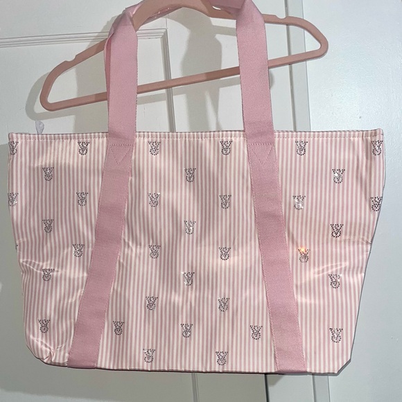 PINK Victoria's Secret Light Pink Striped BLING Tote NWT - Picture 2 of 5